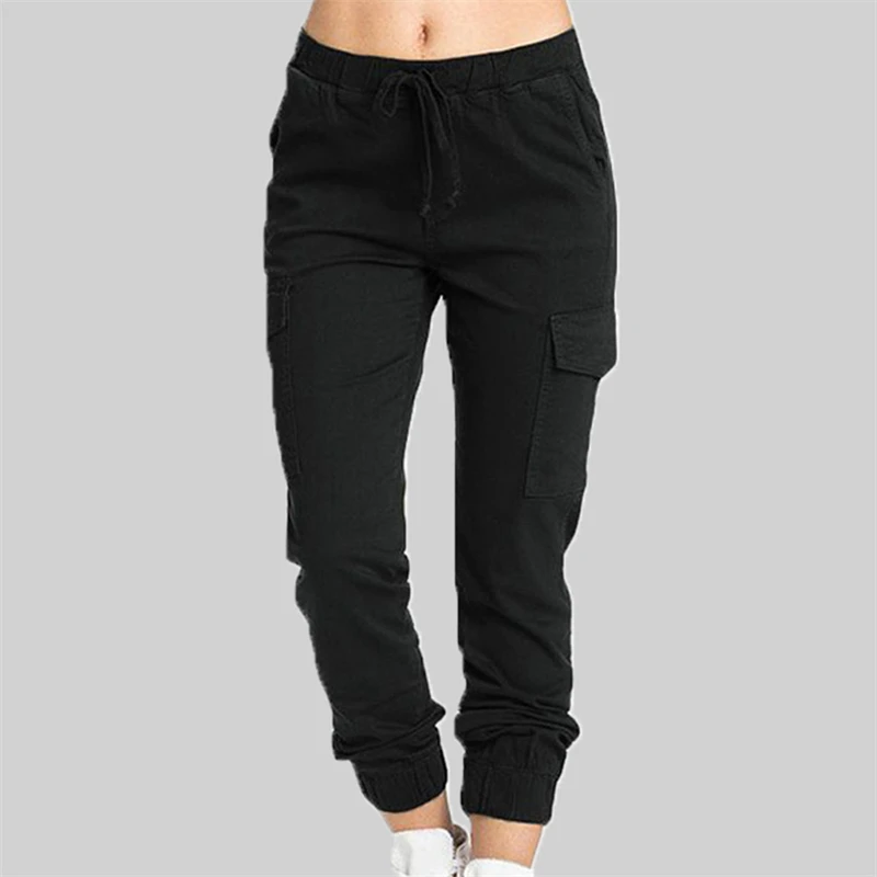 2022 New Solid Jogger Women's Cargo Pants Multi-Pocket Drawstring Elastic Waist Women Sports Pants Streetwear Casual Long Pant
