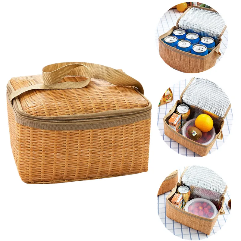 

Artificial Rattan Lunch Bags Portable Insulated Box for Picnic Camping Food Container Thermal Cooler Pouch Tote Storage Handbag