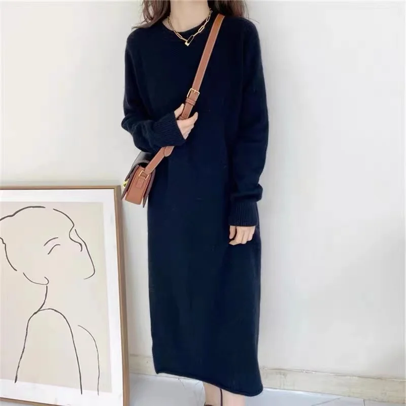 2022 New 100% wool long dress women's O-Neck Wool sweater solid color loose bottoming long skirt  long high-end Wool dress
