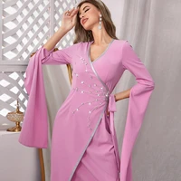 muslim kaftans women dubai abaya dress robe femme musulmane islam pink fashion v neck handmade diamond evening party dresses