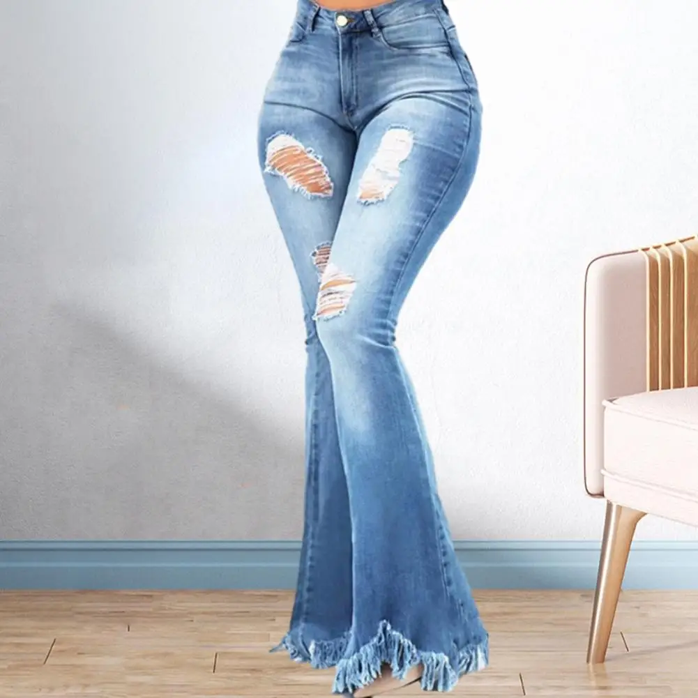 

Женские джинсовые расклешенные брюки, дизайнерские расклешенные джинсы с высокой талией, молнией, пуговицами и дырками, длинные джинсы с бахромой и манжетами и карманами, осень