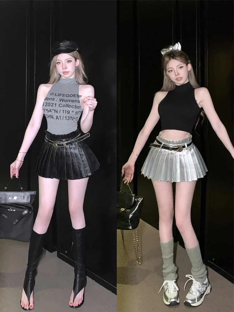 

Черная кожаная плиссированная мини-юбка, Женская Серебристая блестящая сексуальная юбка в стиле ампир из искусственной кожи, роскошные дизайнерские шорты Y2K