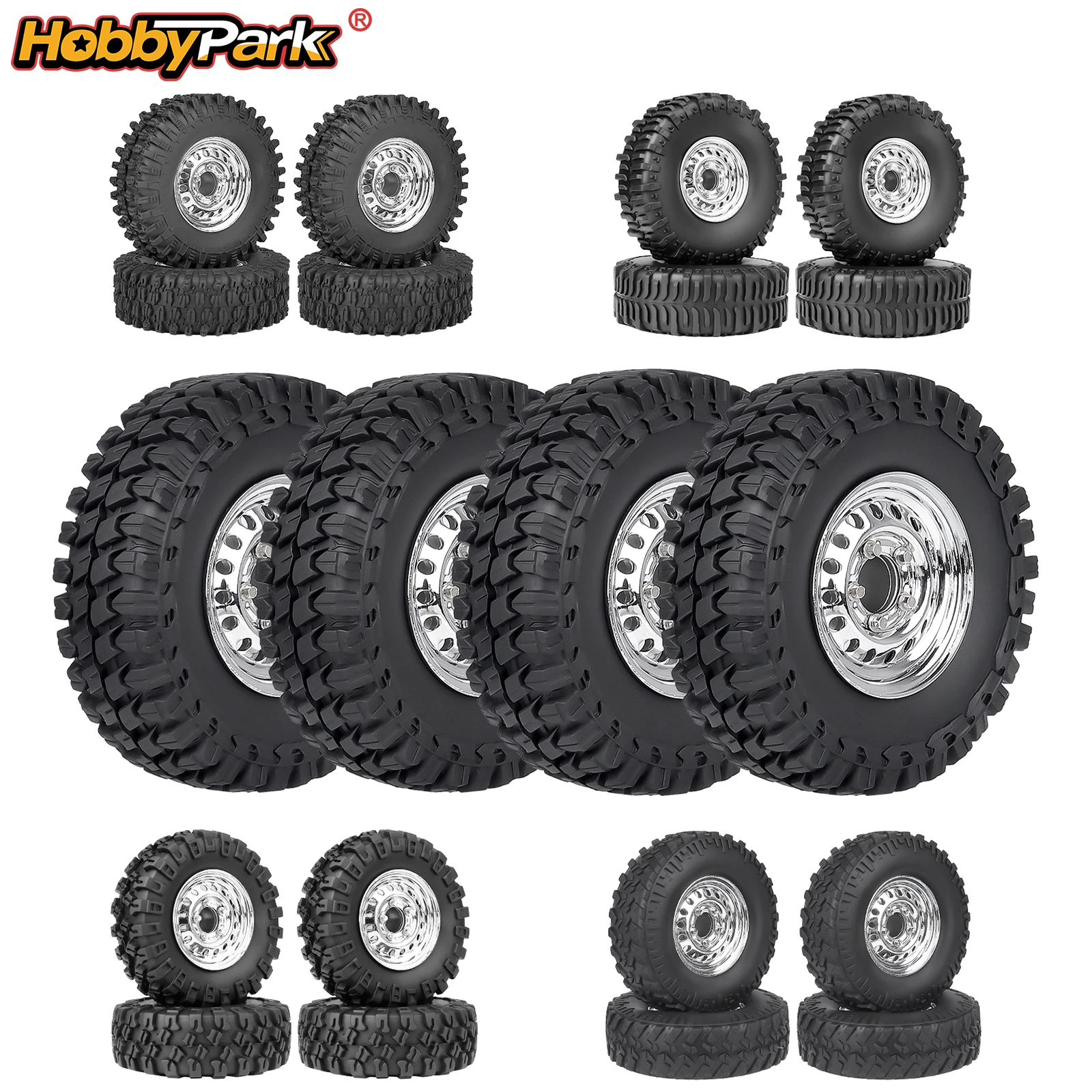 Фото Колеса и шины HobbyPark Chrome Steel 1.0 Beadlock с отрицательным вылетом для моделей 1/24 Axial SCX24 FCX24, запчасти для тюнинга №1