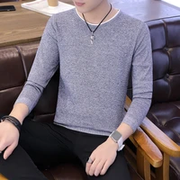 2022 mens spring and autumn thin stretch round neck pullover solid color fake two piece fashion british style sweater