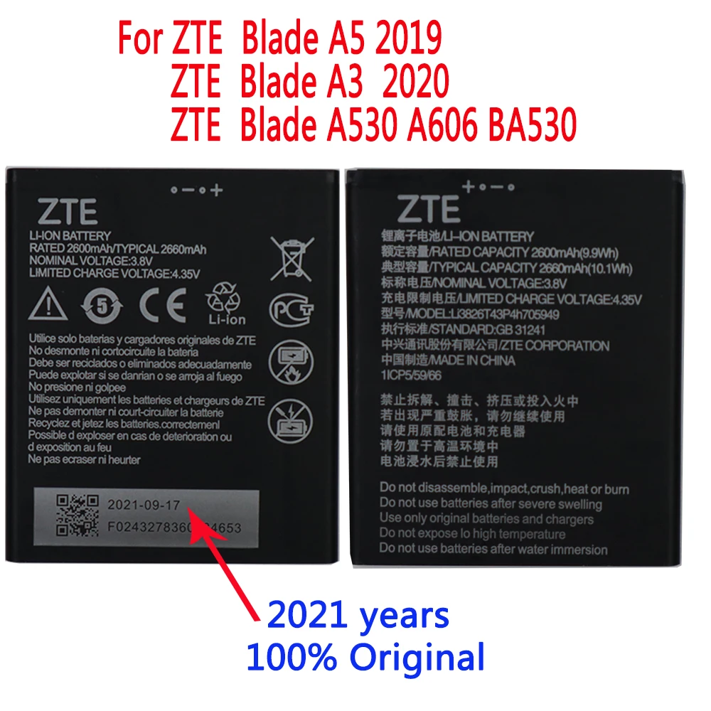 

New Original 2660mAh Li3826T43P4h705949 Battery For ZTE Blade A5 2019 A3 2020 A530 A606 BA530 BA606 Mobile Phone Batteries