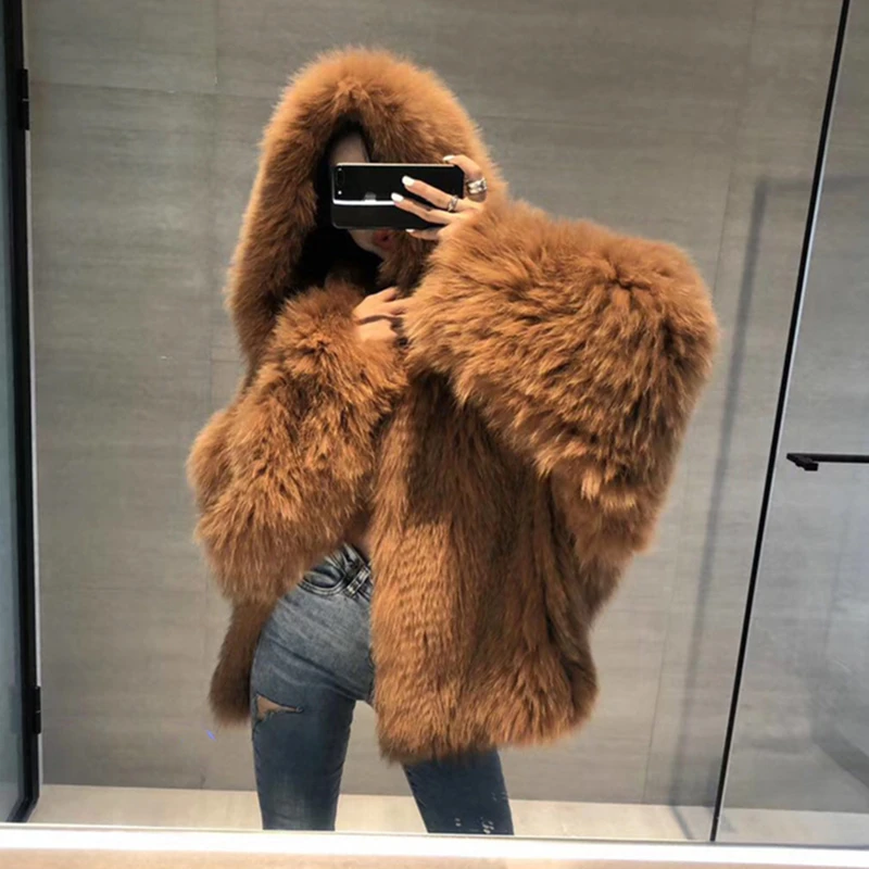Winter New Hooded Environmental Protection Fox Fur Fur Coat for Women Loose Internet Hot Slimming Faux Mink Fur Coat luxury