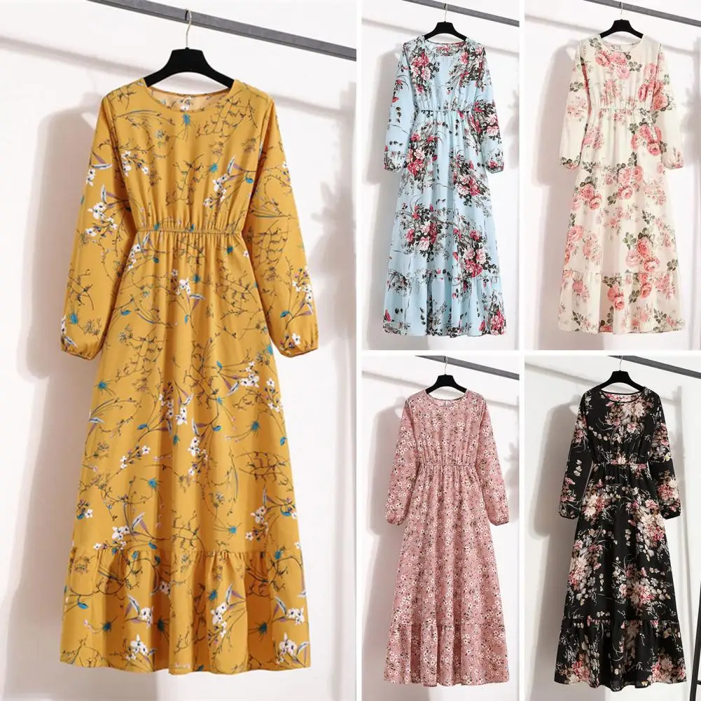 

Long Sleeve Floral Print Dress Floral Print A-line Dresses for Women Comfortable Stylish O-neck Long Sleeve Maxi Loose Hem
