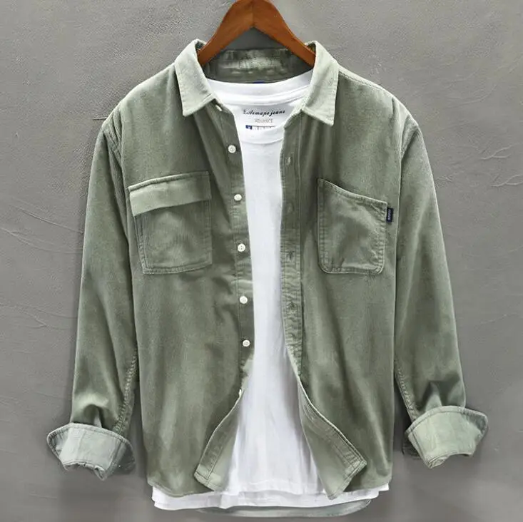 Big-Pocket Men Corduroy Pure Cotton Shirt Full Sleeve Vintage Pockets Warm Gray Casual Top Young Cotton Trendy Shirt