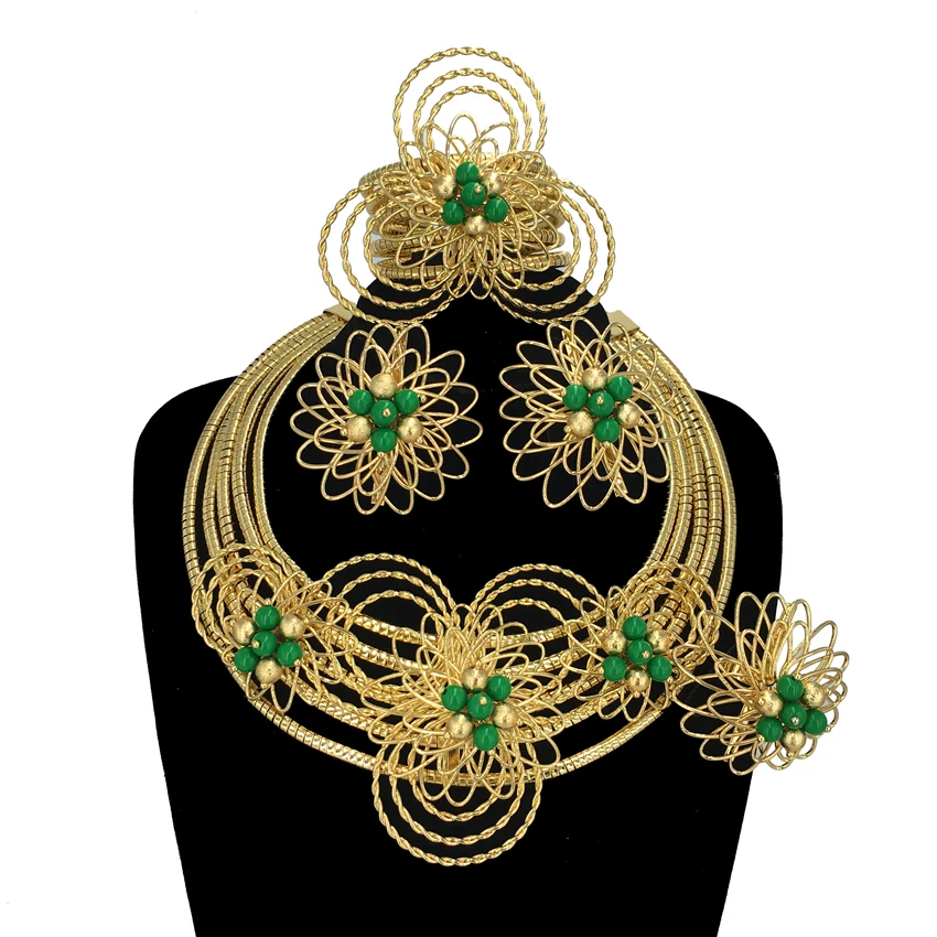 

African Jewelry Set For Women Brazilian Gold Necklace Ring Earrings Bracelet Huge Fine Luxury Quality Bride Jewelry FHK13671