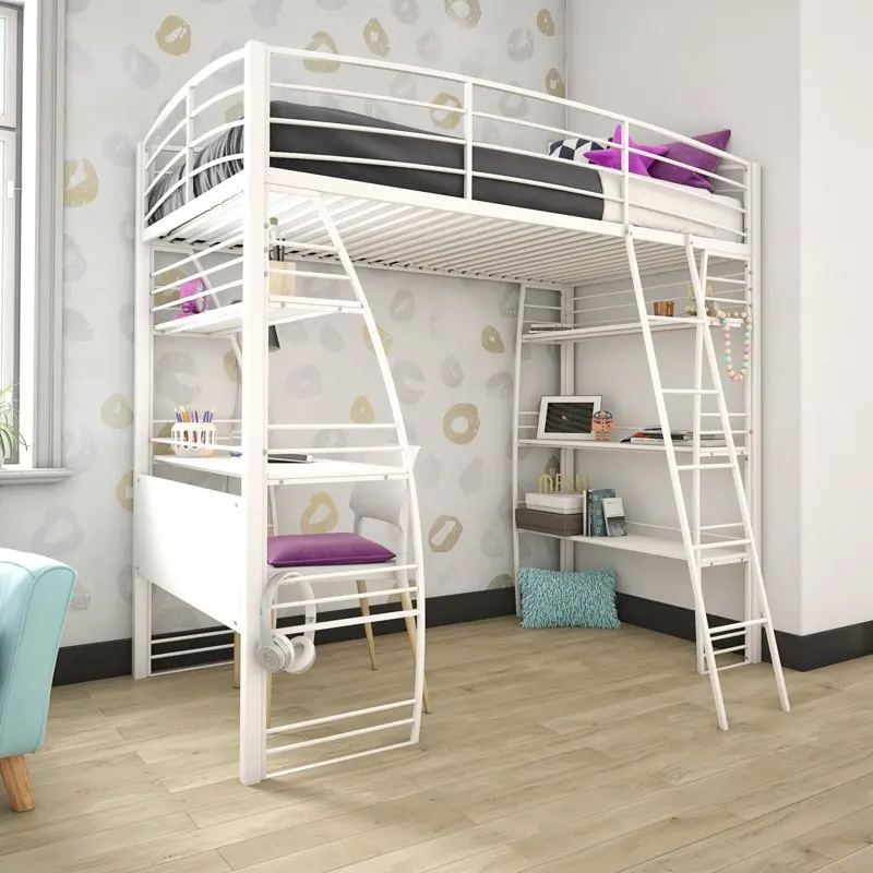 

Studio Twin Metal Loft Bed with Integrated Desk and Shelves, Off White