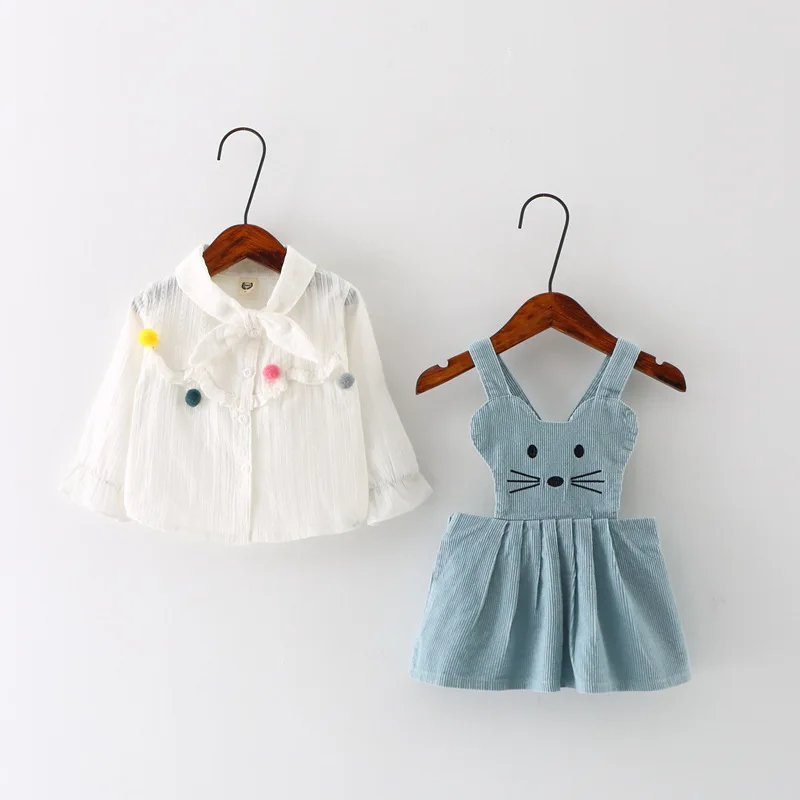 2PC Baby Girl Clothes Spring & Autumn Infants Long Sleeve White Shirt Strap Dress Kids Clothes Outfits Set