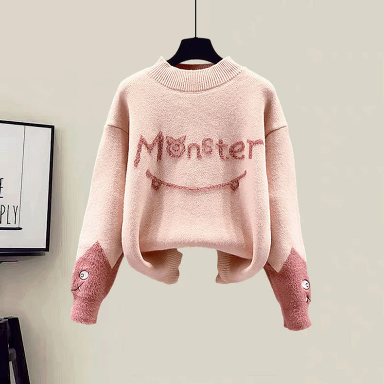 New Winter Women's Tracksuit Monster Letter Printed Knitted Pullover Sweater + Lamb Wool Vest +Casual Pants Suit 3 Piece Set images - 6