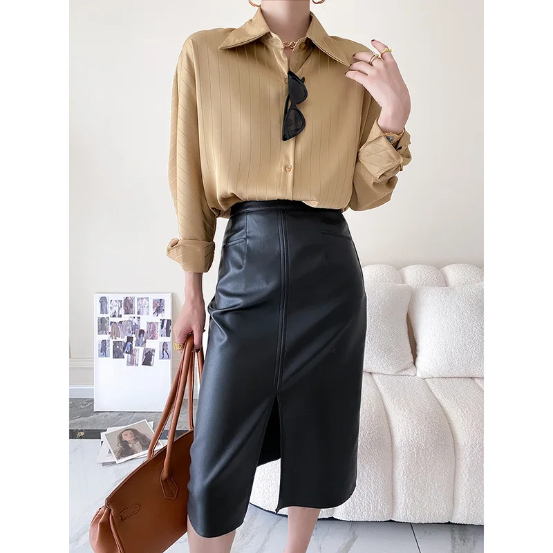 

2023 Autumn and Winter Temperament PU Bag Hip Skirt 2023 New All-match Autumn High Waist Leather Skirt Women