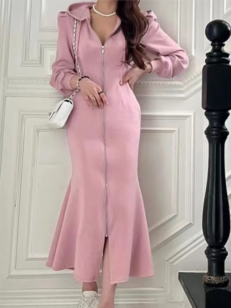 

Korean Fashion Bodycon Women Hoodies Dress Long Sleeve Elegant Fishtails Solid Party Autumn Vestidos Female Vintage Slim Robe