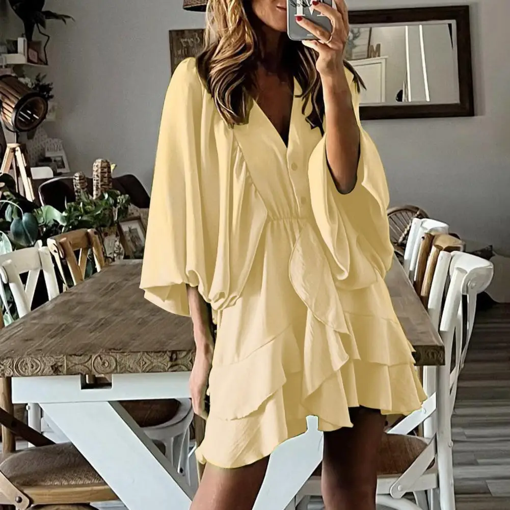 

Breathable Attractive Irregular Ruffle Hem Beach Dress High Waist Mini Dress V-Neck for Dating