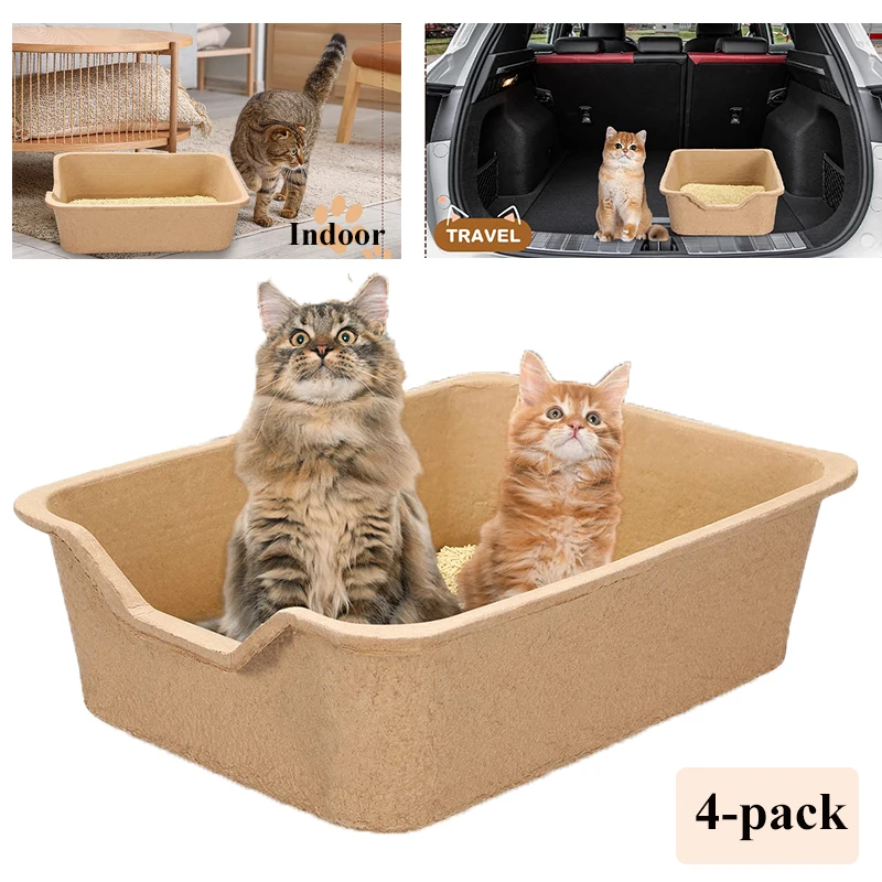 4-Piece Disposable Cat Litter Box, Pet Paper Litter Liner for Cats Rabbits Sturdy Portable Litter Tray Pan Indoor Outdoor Travel