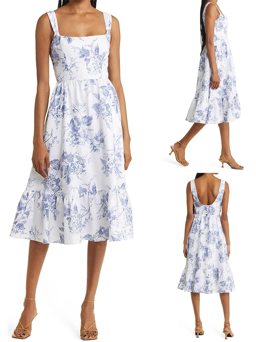 Elegant Bohemian Floral Midi Dress with Corset Detailing and Spaghetti Straps for Women - Perfect for Cocktail Parties