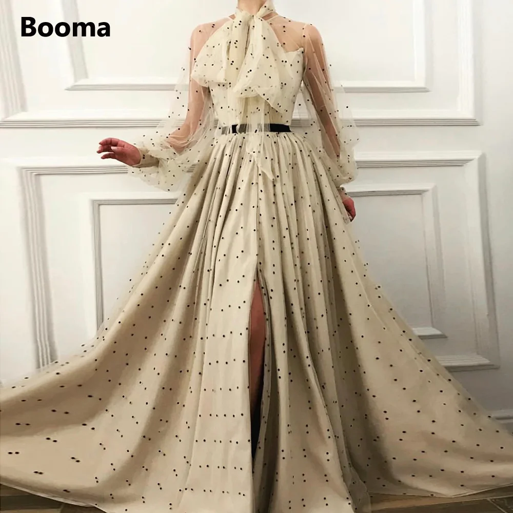 

Booma Elegant Polka Dots Tulle A-Line Prom Dresses Sheer Neckline Long Sleeves Bow High Slit Party Gowns Formal Evening Dresses