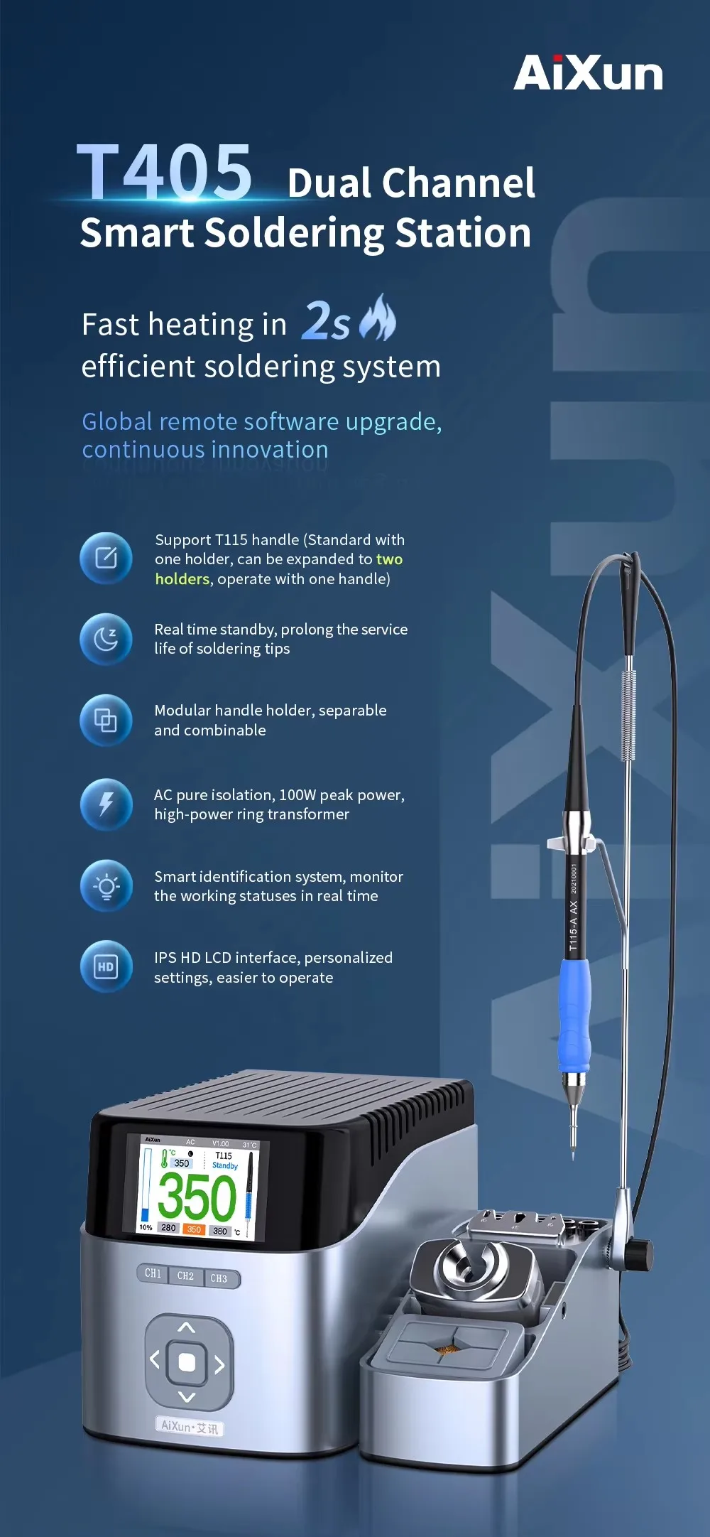 Фото Паяльная станция AIXUN T405-115 с ручкой T115/наконечником для паяльника для ремонта мобильных телефонов, системных микросхем и BGA №3