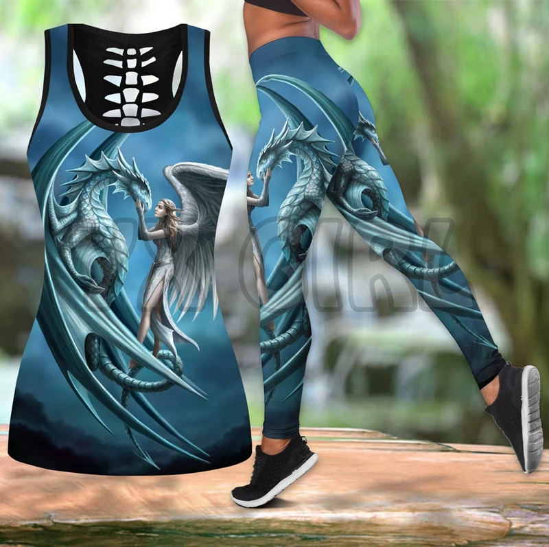 Dragon Art Combo 3D Printed Tank Top+Legging Combo Outfit Yoga Fitness Legging Women