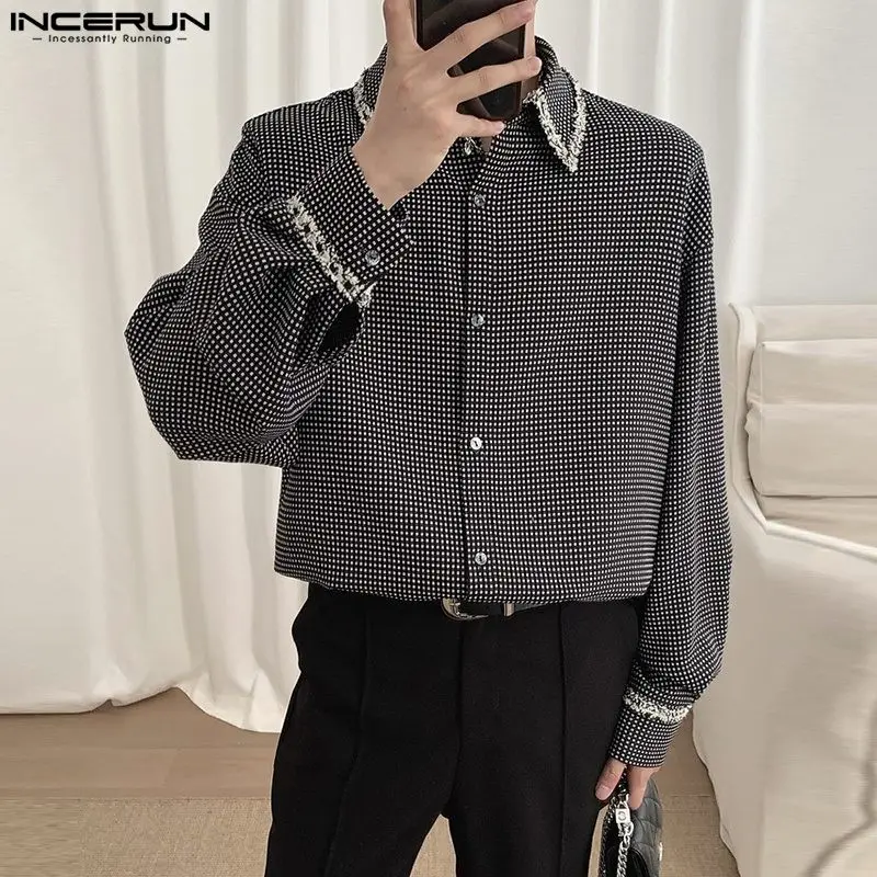 

Korean Style Handsome Men Fine Plaid Long-sleeved Loose Blouse Casual Streetwear Male Lapel Button Shirt S-5XL INCERUN Tops 2023