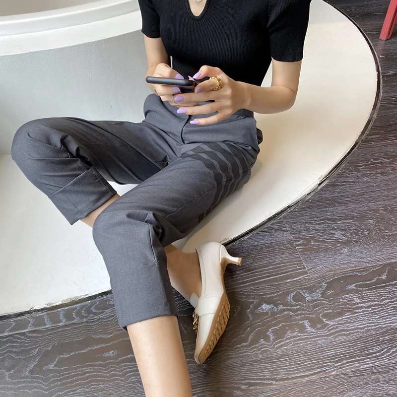 TB four-bar casual curling suit women's high waist straight striped nine-point loose and thin feet cigarette pants