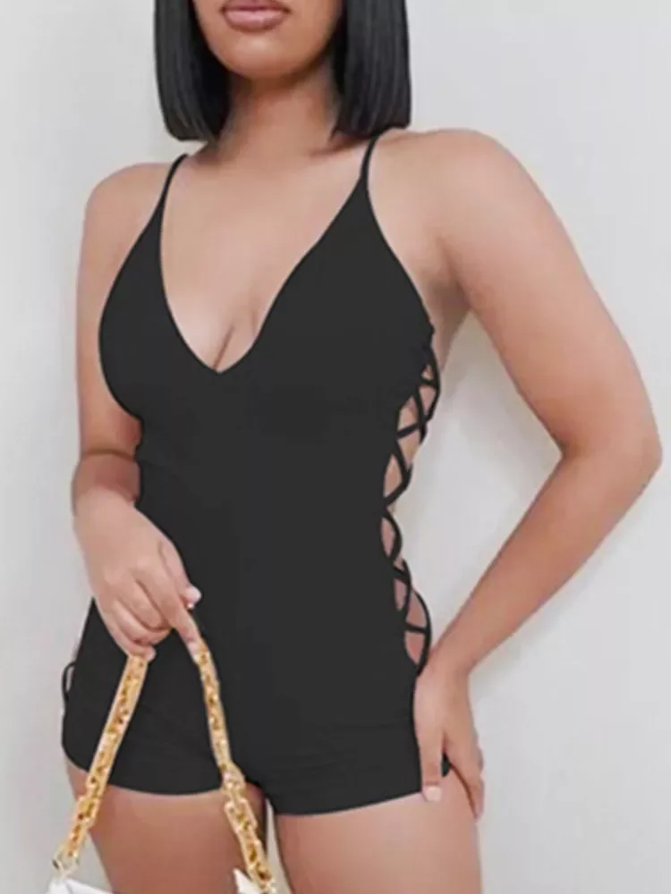 

Solid Camis Rompers Women Sexy V-Neck Backless Simple Side Bandage Playsuits Jumpsuit Female Streetwear 2022 Body Woman Clothing