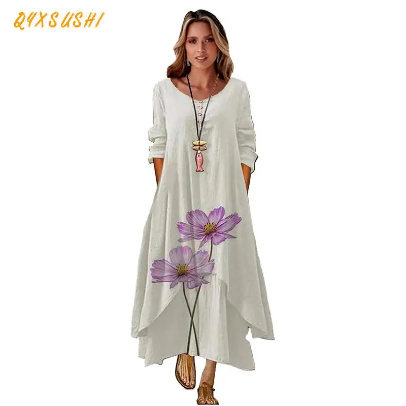 

2023 Elegant Flowers Print Long Sleeve Spring Summer Dresses Casual O Neck Loose Women Dress Vintage Party Vestidos Long Dresses