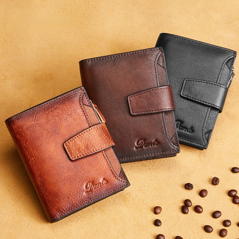 Men's Gift Wallet RFID Short Vertical Soft Cowhide Leather Casual Zipper Coin Purse Driver's License Card Holder