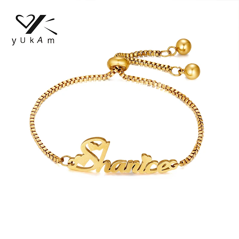 YUKAM Adjustable Steel Bracelet Women Bracelets Stainless Gifts Ideas Women's Girls Name Custom Personalized Woman Round Bead