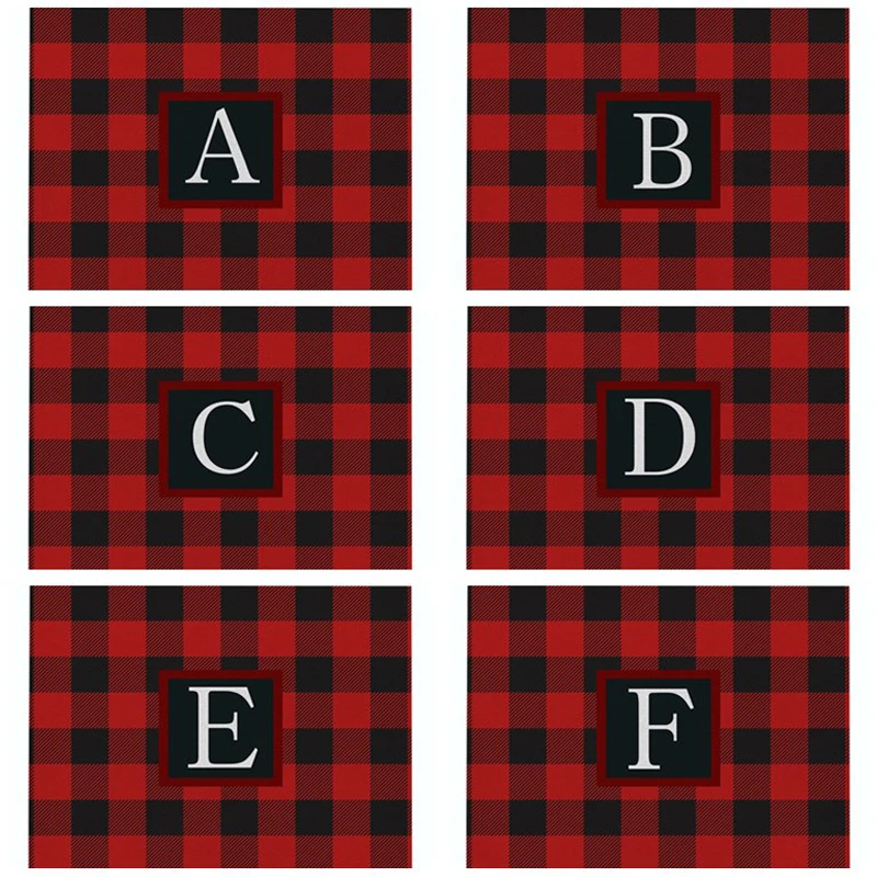 

42x32cm Nordic Red & Black Plaid Letter Linen Table Mat Heat Resistant Placemat For Table Drink Cup Coaster Kitchen Accessories