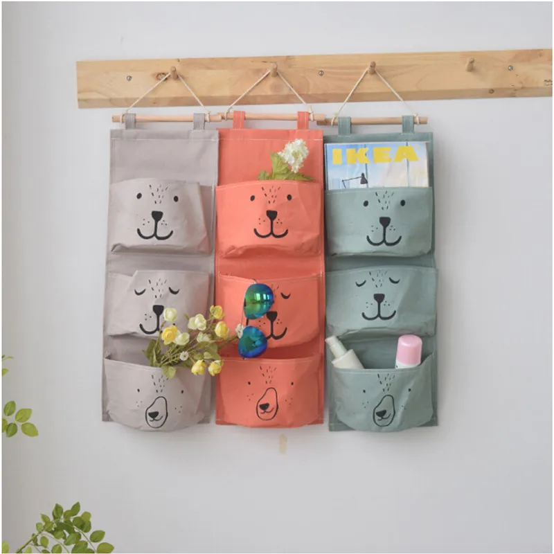 

Linen Wall Hanging Storage Bag 3 Pockets Cute Clothes Organizer Closet Storage Bag Children Room Organizer Pouch Home Decor