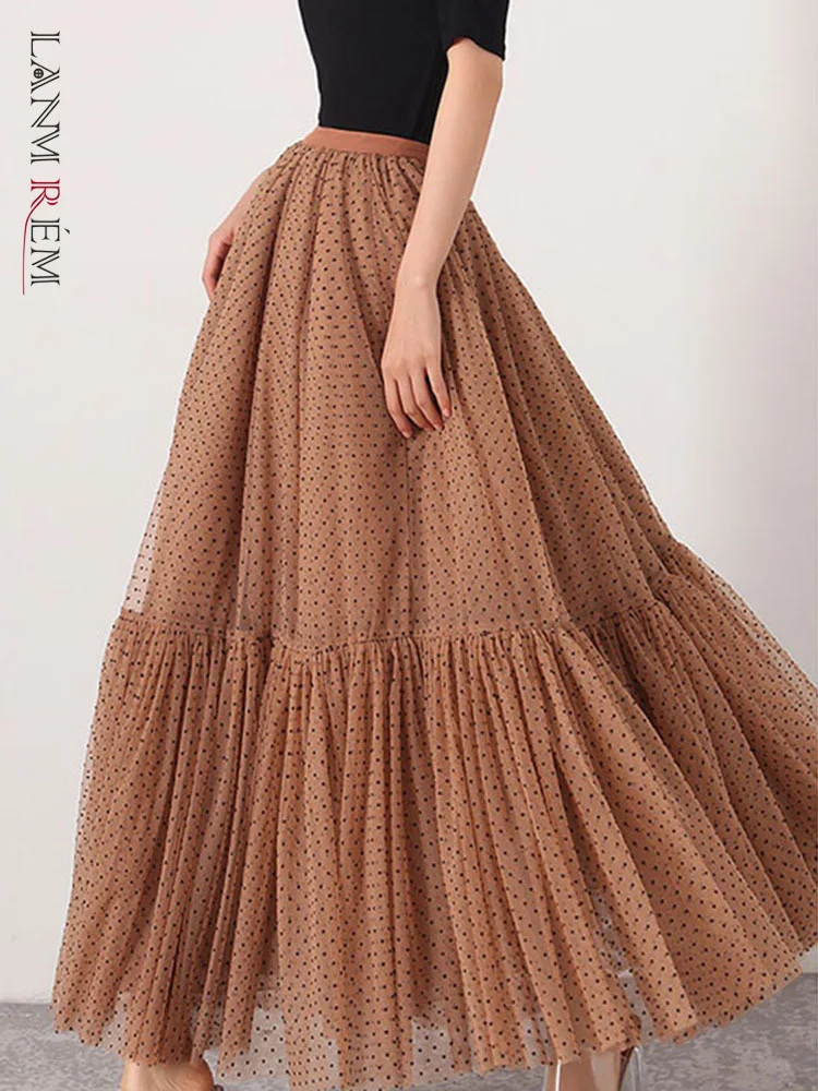 

2023 Summer High Elastic Waist Skirt French Multi-layer Mesh A-line Polka Dot Mid-length Skirts Ladies Elegant 2R3070