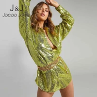 women sexy v neck green sequins shirt dress elegant spring long sleeve loose y2k glitter blouse oversized top club party tunic