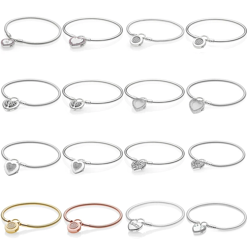 

Authentic 925 Sterling Silver Promise Loved Heart Signature Padlock Snake Chain Bracelet Fit Women Bead Charm Fashion Jewelry