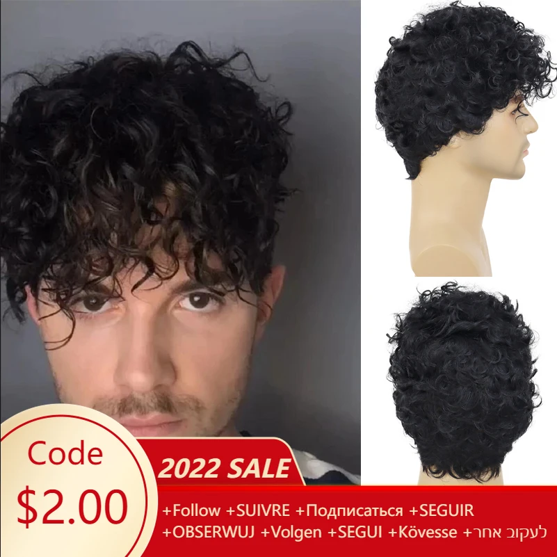 GNIMEGIL Short Curly Wig Man Black Wig Natural Hairstyle Synthetic Fiber Halloween Costume Hair Replacement Cosplay Wigs Male