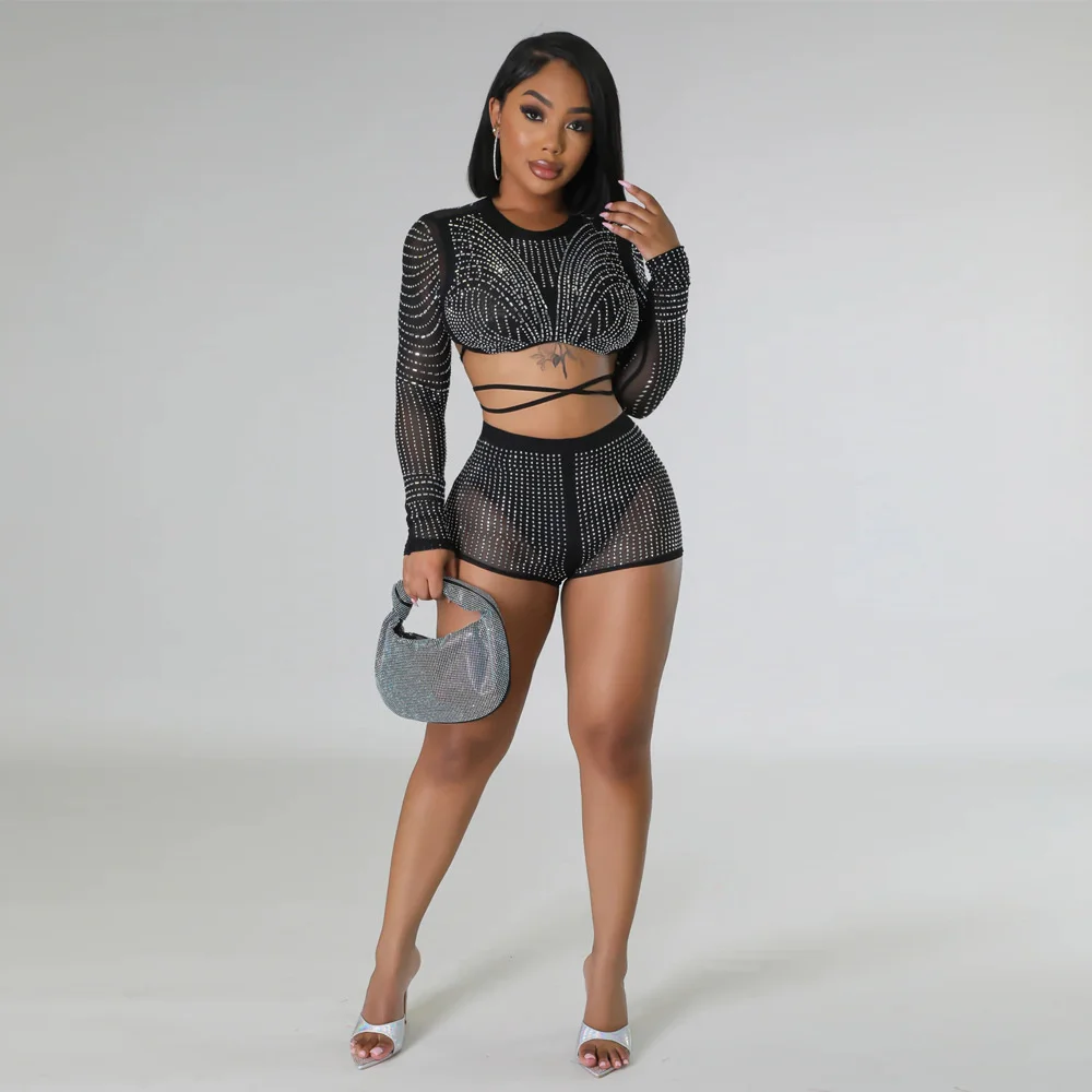 

Сексуальное Сетчатое платье Zoctuo с кристаллами, Топ с длинным рукавом, круглым вырезом и открытой спиной, на шнуровке и прозрачная короткая юбка, комплект из двух предметов для вечеринки