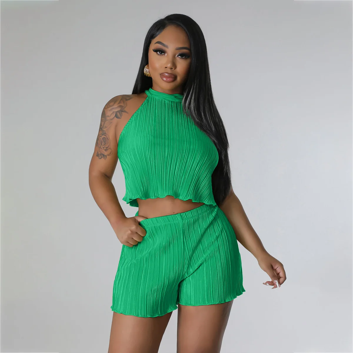 

Women Casual Pleated Two Piece Set 2023 Summer Sexy Tracksuits Sleeveless Tank Top and Shorts 2 Piece Set Outfit Streetwear