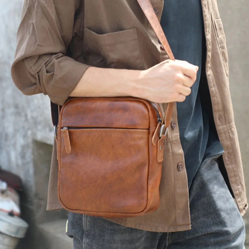 AETOO  The first layer of vegetable tanned cow leather crossbody bag retro hand brushed color, single shoulder bag, leather men'