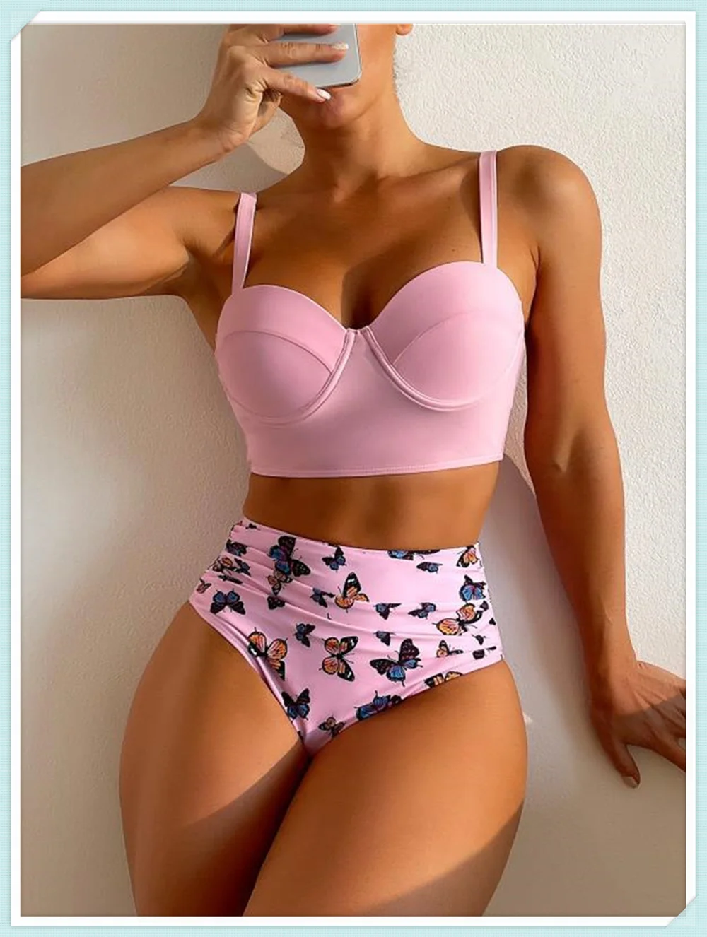 

2023 Push Up Swimsuit Women High Waist Bikini Set Butterfly Print Swimwear Female Padded Bathing Suit
