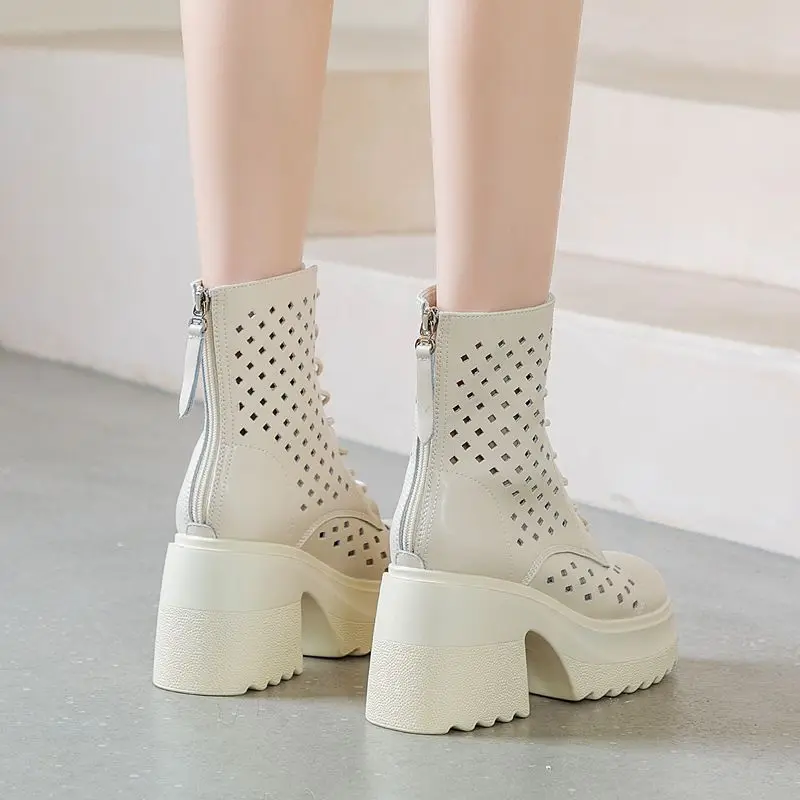 2023 New Fashion 10cm Genuine Leather Thick Heels Booties Summer Hollow Females Sandal Boots Women Mid Calf Boots Platform Shoes