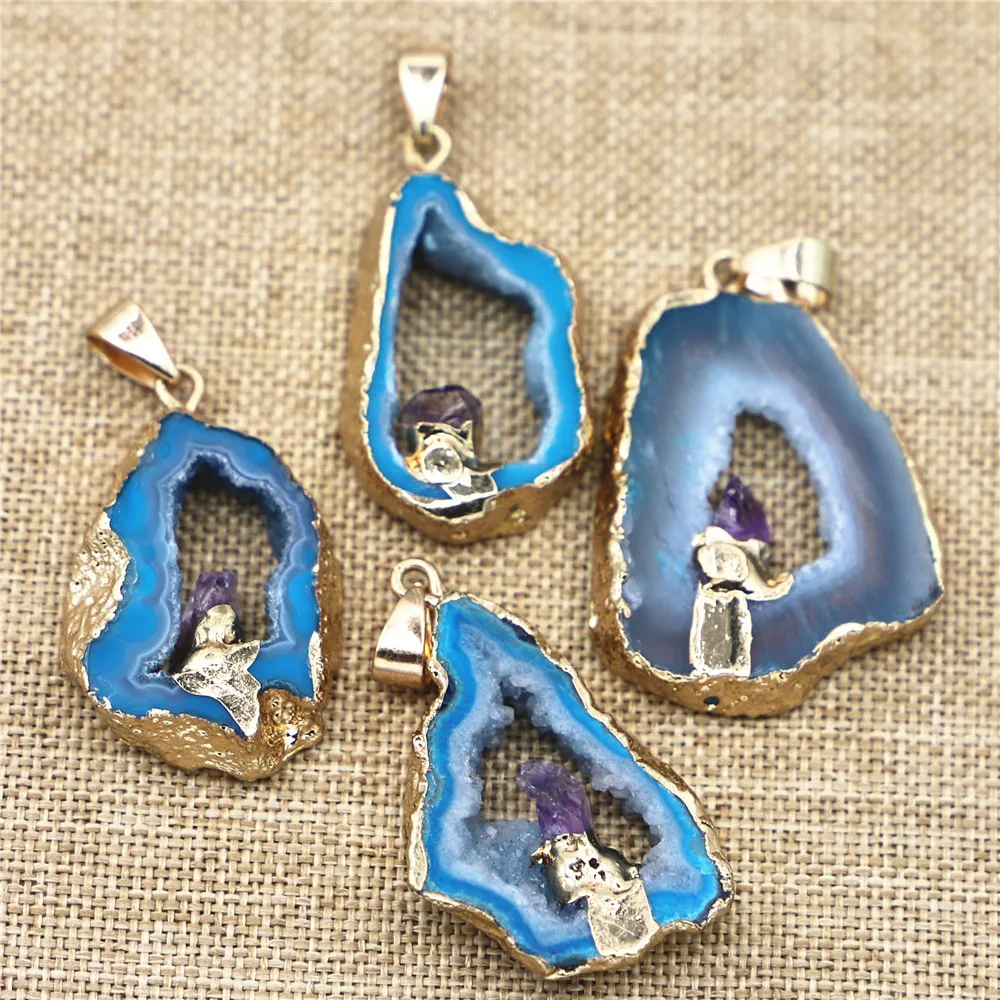 

Natural Stone Blue Agates Irregular Amethyst Onyx Druzy Pendants Necklace Gold Quartz Charms DIY Jewelry Making Accessories 4Pcs