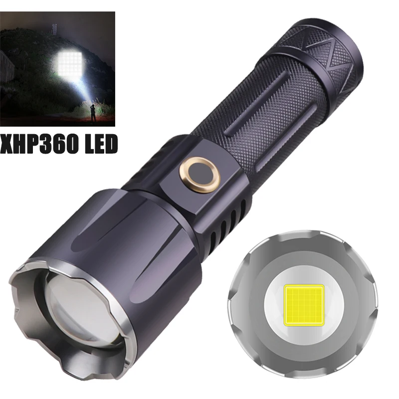 

Водонепроницаемый фонарик для кемпинга, 2500 лм, 5 режимов, сильный светодиодный фонарик XHP360 из алюминиевого сплава с USB-зарядкой, для рыбалки, ...