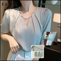 2022 new chic fashion short sleeve chiffon blouse korean elegant solid color top women vintage beading v neck white shirts femme