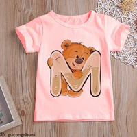 cute pink kawaii letter m n o p q bear summer baby tops toddler tees clothes children clothing t shirts short sleeve birthday