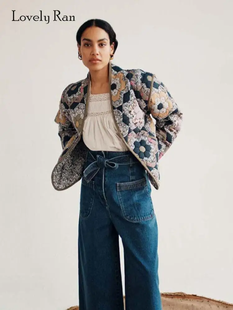 

Fashion Flower Printed Cotton Coat Women Elegant Spliced Long Sleeve Thick Warm Lady Jacket 2023 Autumn Winter Casual Streetwear
