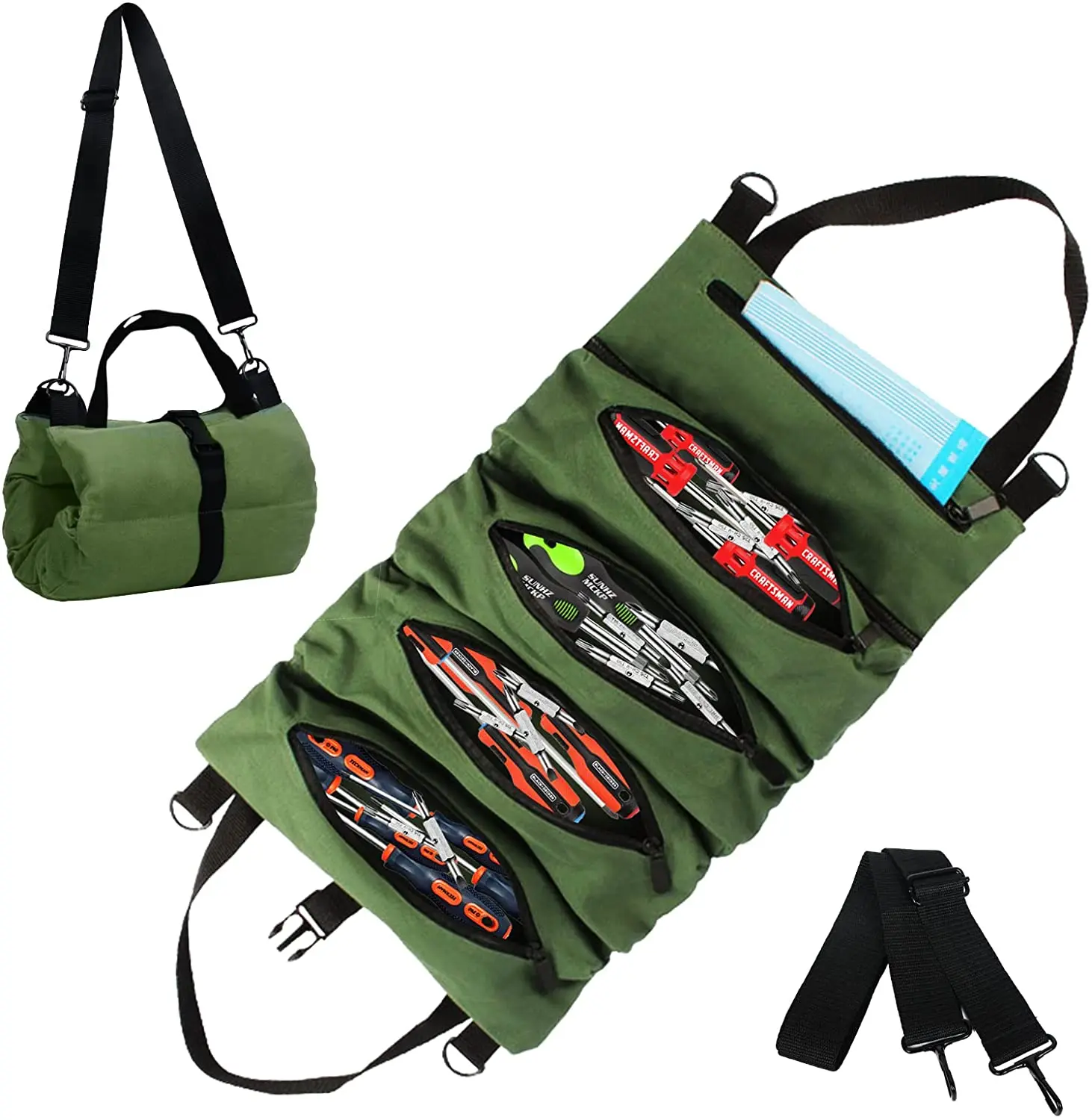 

Roll Up Tool Bag Wrench Roll Up Pouch Multi-Purpose Canvas Tool Rool Organizers Hanging Tool Zipper Carrier Tote Storage Bags