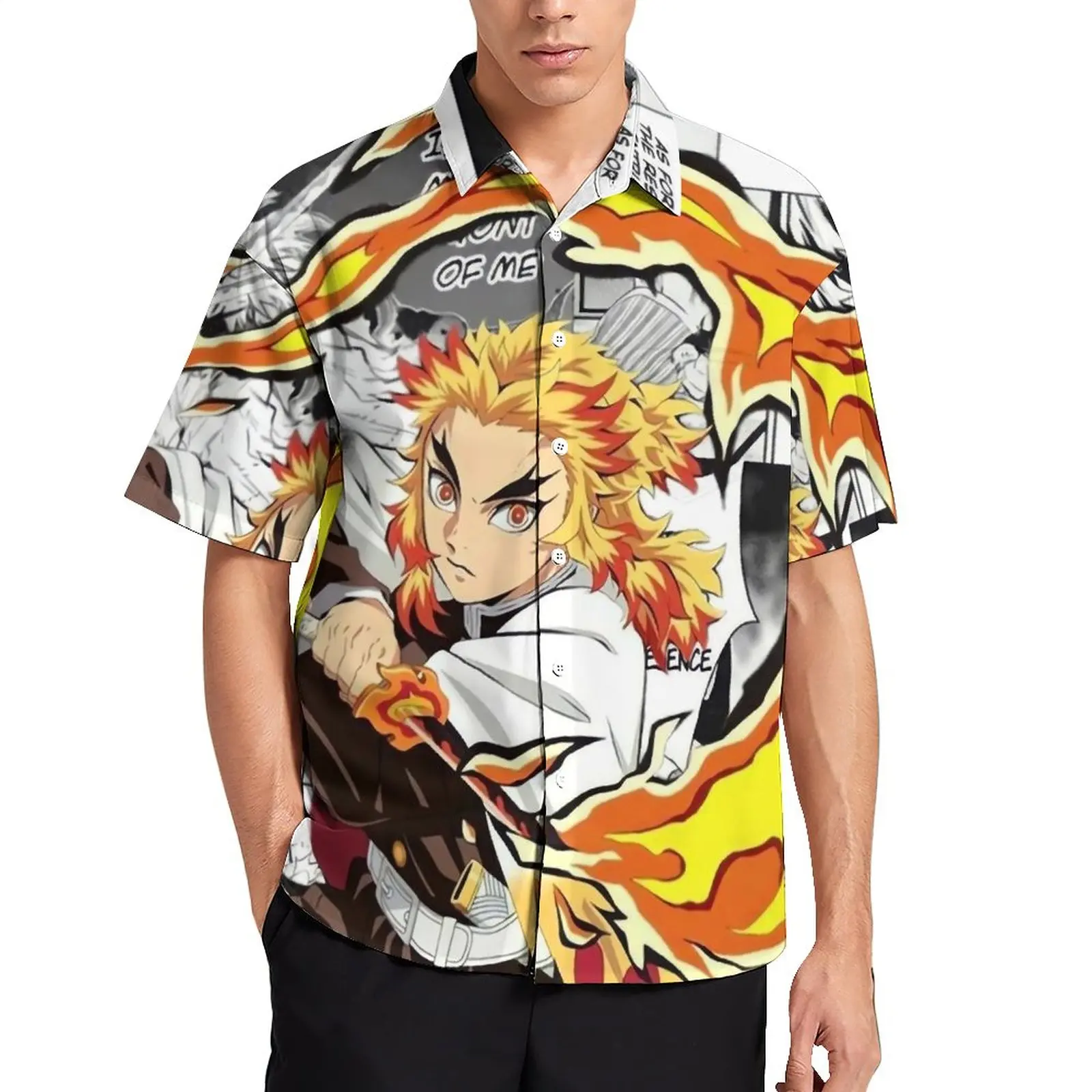 

Японская пляжная рубашка Demon Slayer Rengoku Kyojuro, летние повседневные рубашки, мужские ретро Блузы с короткими рукавами, топы на заказ, размера плюс