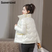 solid loose cotton padded thicken parkas winter snow wear warm short jackets for women korean stand collar long sleeve outwear