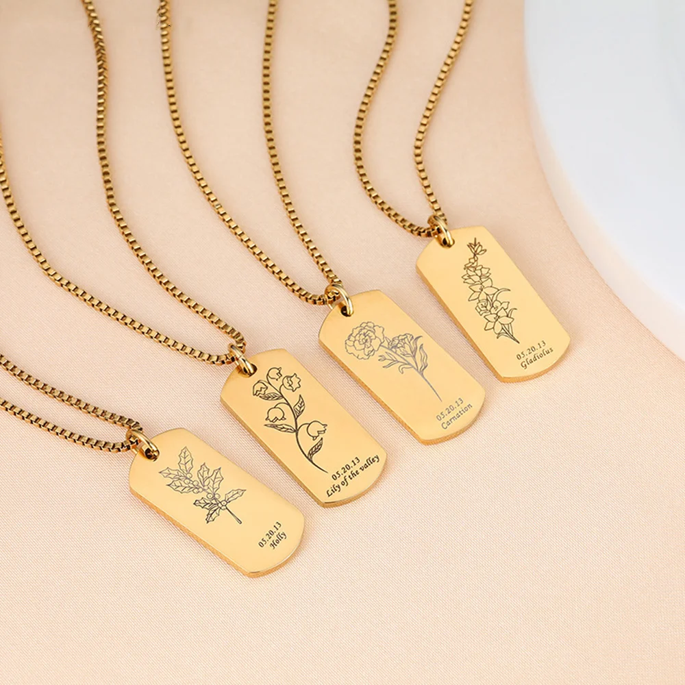 

HUHUI Custom Birthflower Necklaces Personality Stainless Steel Date Square Pendant Choker For Women Jewelry Birthady Gifts